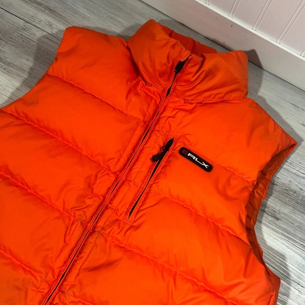 RLX‎ Ralph Lauren Down Puffer Vest Men Sz L Orange Full Zip Packable Hood